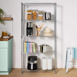 יחידת מדפים כבדה בעלת 5 מדפים עם גלגלים, מדפי תיל מתכווננים מפלדה, מארגן מדפים ממתכת כרום למטבח - Product Image 1