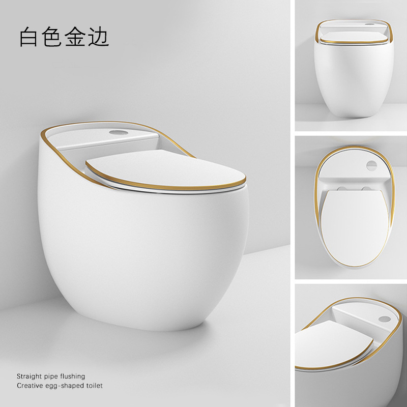 WC bianco a forma di uovo con finiture dorate, interasse fori 300mm/400mm