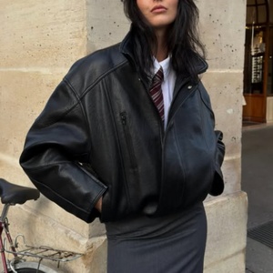 Nouvelle veste en cuir véritable pour femme, style décontracté, courte, avec fermeture éclair, veste en cuir vintage à épaules tombantes, veste bomber en cuir - Product Image 2
