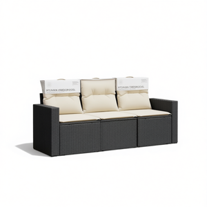 Ensemble de canapés de jardin avec coussins crème, trois places, mobilier d'extérieur noir, résistant aux UV, en rotin PE, imperméable, design contemporain - Product Image 1