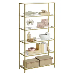 VASAGLE Home Office 6 Tier Bookshelf Gold Glass Bookshelf Shelves For Living Room