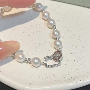 สร้อยข้อมือไข่มุกบาร็อคน้ำจืดธรรมชาติขนาด 6-7 มม. เงินแท้ S925 ดีไซน์ท้องฟ้าเต็มดาว สไตล์เรียบง่าย สายโซ่และข้อต่อแบบละเอียด - Product Image 2