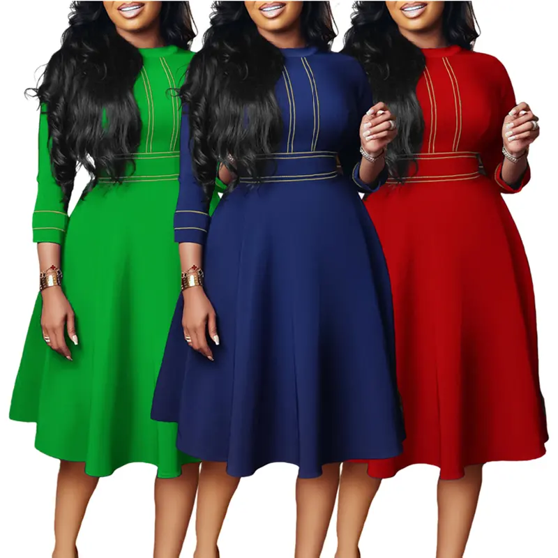 D3222最新デザインエレガントな秋のドレススタンドネック3クォータースリーブAラインパーティードレス女性のアフリカのドレス女性の服