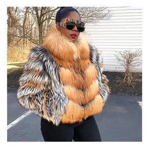 Plus Size Custom Fluffy Furry Collared Real Silver Red Fox Fur Authentic Natural Fur Coats For Women