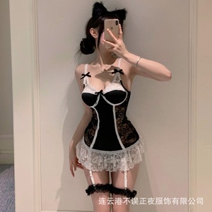 Lingerie set featuring a sexy deep-V lace suspender dress, a sexy and alluring lingerie set, and a restrained style. (qqny - Product Image 5
