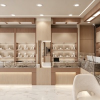 Agencement de magasin de bijoux et montres de luxe : personnalisation complète de la pièce, vitrine en verre, présentoir à bijoux, décoration de magasin