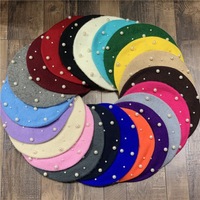 Baret Wol Mutiara Buatan Tangan Mewah untuk Wanita Gaya Vintage Inggris Bergaris Topi Pelukis Musim Gugur Musim Dingin Topi Baret