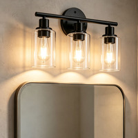 Applique murale de salle de bain personnalisée à 3 lumières, cadre en fer noir mat, abat-jour en verre transparent, pour salle de bain