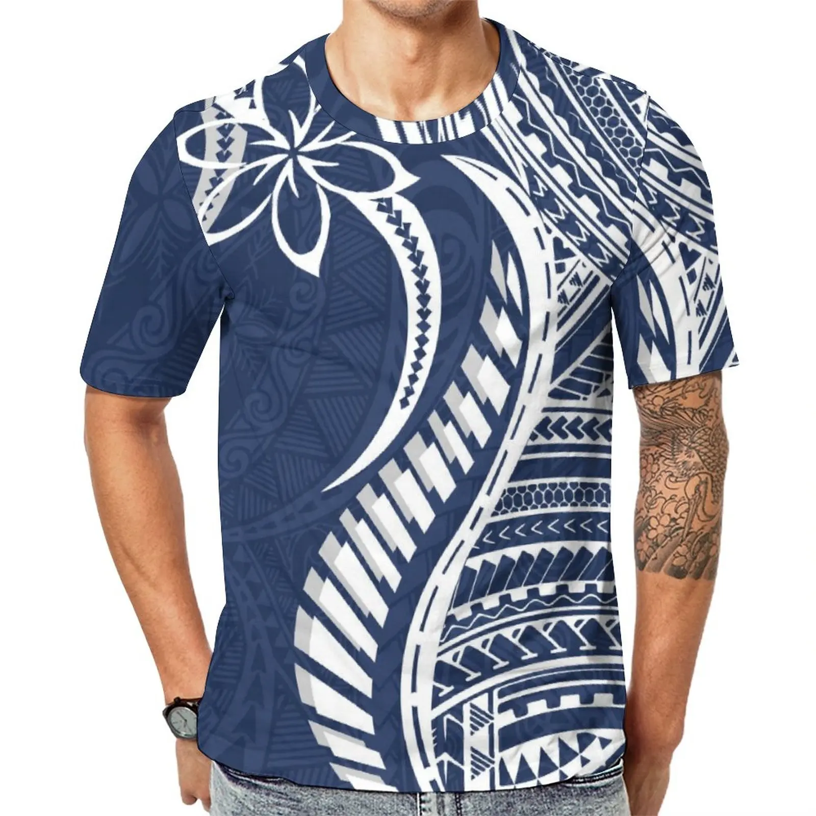 Fabrik benutzer definierte leere T-Shirt Druck polynesische samoa nische Tattoo-Muster Männer Tops T-Shirt Königsblau Männer T-Shirts