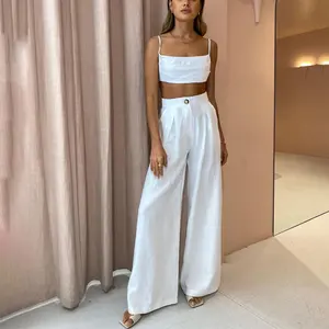 Fashion Custom Crop Top 2 Piece Sets Women Clothing Office Linen Cotton Wide Leg Women Pants Sets Loose Pants Women