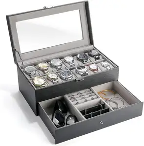 ProCase 12 Slots Watch Box Organizer for Men Father's Day Gift Black Watches Display Drawer Case Jewelry Storage Box Holder