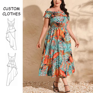 All'ingrosso personalizzato svasato manica corta a fascia Casual estate stampa tropicale taglie forti stile donna abiti Maxi stile hawaiano - Product Image 1