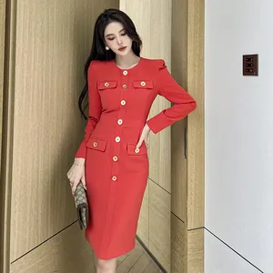 ZYHT 10167 Hign End Women Clothing Chic Single Breasted Long Sleeve Fall Woman Pencil Elegant Casual Dresses