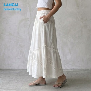 Boho Embroidered <strong>Skirt</strong> Verified Supplier OEM ODM Service Custom <strong>White</strong> Elastic Waist Tiered <strong>Maxi</strong> <strong>Skirt</strong> For Women Beach Wear - Product Image 3