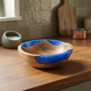 Bol en bois fait main avec incrustation de résine bleue, design moderne, pour servir des aliments, offrir en cadeau - Product Image 4