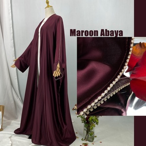1427#B New Arrival Muslim Women Silver Diamond <b>Cardigan</b> Islamic Clothing Light Shiny Satin Silk Abaya With Split Cuff - Product Image 4