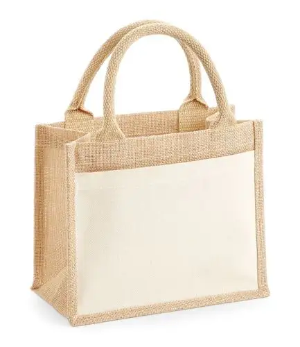 Atacado Juta Sacos com Canvas Coloridas Front Pocket Eco-Friendly Handled Bags para Promoção Features Letter Printing