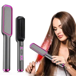 Peine alisador de cabello multifuncional LCD 2 en 1 para cabello liso y rizado, peine rizador eléctrico de férula húmeda y seca