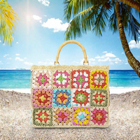 Tas Tote Kasual Wanita 2024 Gagang Bambu Tas Pantai Anyaman Jerami Musim Panas Dekorasi Bunga Buatan Tangan Resleting Poliester Candy