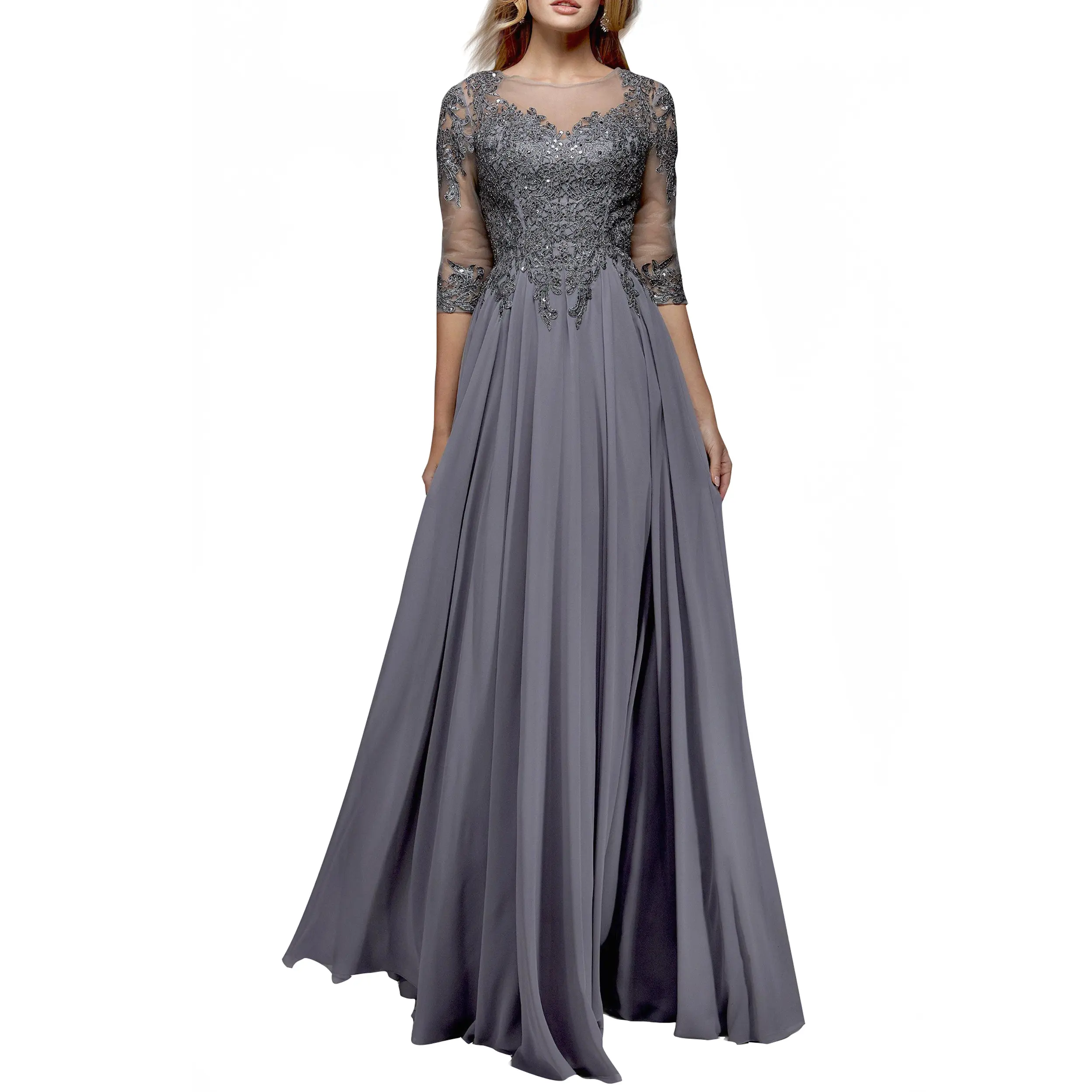 Elegant Illusion Evening Party Gown A Line Lace Chiffon Flowy Mother Of The Bride Dress