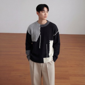 Pull classique à col rond et blocs de couleur pour homme, sweat-shirt pour homme avec logo sur le devant, pull en tricot pour homme - Product Image 4