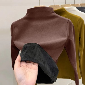 Women's High Neck Fleece Lined Long Sleeve <b>Top</b> Mustard Warm Solid Color Polyester Sweatshirt Autumn Winter Base <b>Layer</b> - Product Image 2