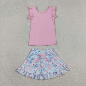 GSD3773 Nouveauté Ensemble Yoga d'été sans manches rose uni pour petites filles, tenue jupe imprimée, vente en gros pour enfants - Product Image 1