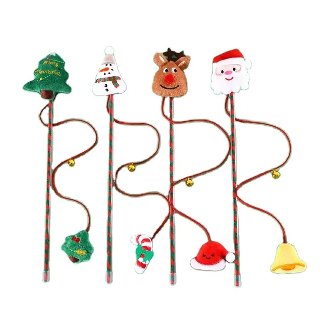 Pet Cat Plush Cartoon Christmas Tree Old Man Deer Tassel Interactive Funny Cat Stick Sounding Bell Toy Training Rod Cat Toy