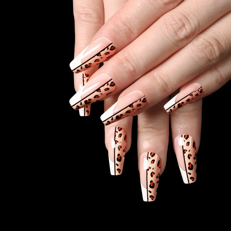 Vente en gros, presse sur ongles longs pas chers, réutilisables, 24 pièces/ensemble, ongles longs léopard pour filles de beauté