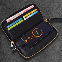 Dompet Power Bank Kulit Mikrofiber Panjang Terbuka Kustom BOS24011101, Pengisi Daya Nirkabel RFID, Lapisan Poliester, Unisex, Fashion