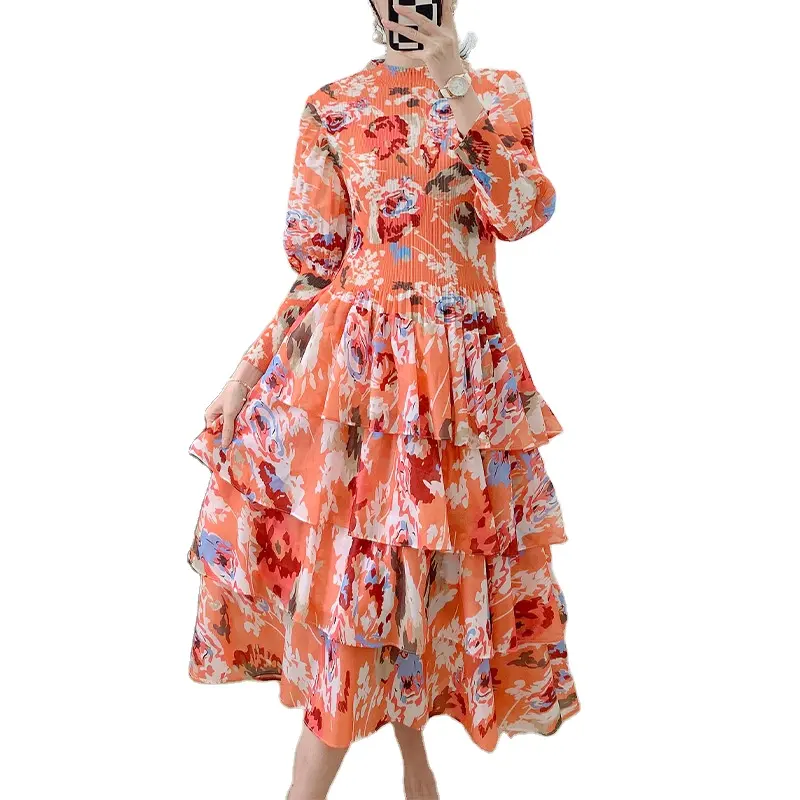 2024 yeni yüksek kalite fırfır pileli desen moda elbise kadın rahat tarzı Polyester elastik gevşek pilili elbise