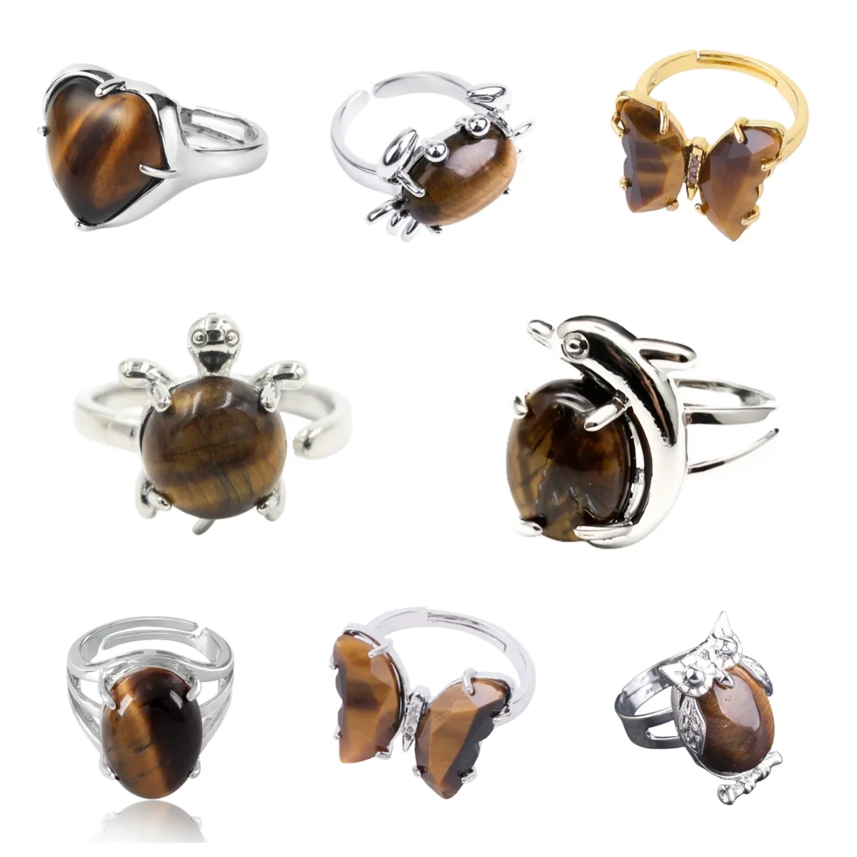Vintage Tiger Eye Stone Ring with Multiple Styles Silver Alloy Ring Owl Shape Ring Best Gift for Friends and Families