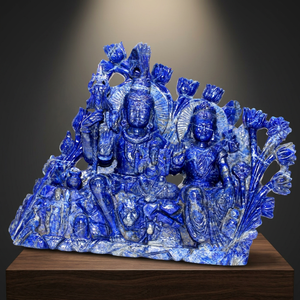Escultura de Panel de Templo Tallada a Mano en Lapislázuli con Figuras de Divinitades Sentadas y Toro, Gema Azul Natural, Decoración India para el Hogar - Product Image 1