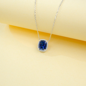 925 Sterling Silver Cushion Cut Lab Created Sapphire Pendant Necklace, Halo with Diamond Accents Fine Jewelry for Women - Product Image 5