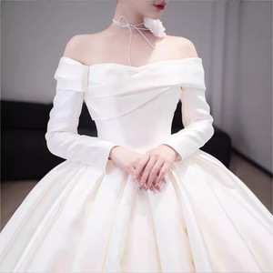 Wedding Dress Off Shoulder Long Sleeve Satin Ball Gown Sweetheart Neckline Natural Waist Vintage Style - Product Image 1