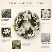 Guirlande de Noël artificielle en pin givré avec des baies blanches de poinsettia argentées et des pommes de pin pour la porte d'entrée, le cheminée ou la décoration murale de Noël
