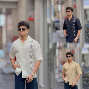 Camisa de Hombre Estilo Urbano Personalizada, de Algodón/Lino, con Botones Bordados, Manga Corta, Estampado Floral, Ecológica y Transpirable - Product Image 3