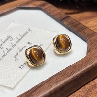 Orecchini a Perno Rotondi Vintage Marroni per Donne e Ragazze, Eleganti Orecchini in Metallo Geometrico con Pietra Occhio di Tigre, Gioielli Regalo