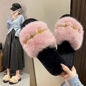 New Arrival Anti slip Silent Metal Chain Ladies Faux Fur Home <b>slippers</b> for Women - Product Image 2
