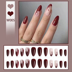 Uñas Postizas en Forma de Almendra Color Borgoña con Puntas Vintage Minimalistas, Acabado Natural Brillante, Juego de Uñas Postizas Reutilizables - Product Image 4