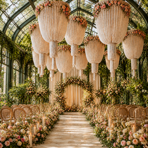 Lanterna in Macramè con Nappe e Fiori Artificiali per Decorazione Soffitto, Chandelier per Ricevimenti in Hotel, Sfondo per Feste, Personalizzabile - Product Image 1