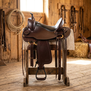 Selle Western en cuir de haute qualité avec arceau en bois et quincaillerie en laiton, marron, taille standard, équipement d'équitation tout-terrain - Product Image 3