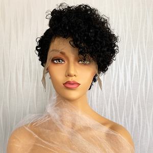 วิกผมหยิกหยักศกด้านหน้าวิก<span class=keywords><strong>ผม</strong></span>พิกซี่แบบสั้นโปร่งใสสำหรับผู้หญิงผมคนบราซิลแบบสั้นสไตล์สีดำ - Product Image 2