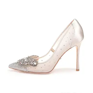 2023 New fashion wholesale customized logo diamond butterfly ornament thin heels wedding shoes bridal