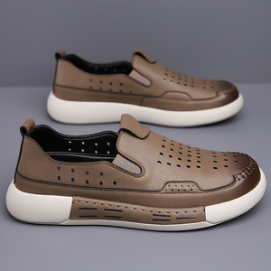 Chaussures Homme en Cuir Véritable à Enfiler, Bout Rond, Respirantes, pour la Marche en Extérieur, Décontractées d'Été, Design Creux, Tige en Cuir de Vachette - Product Image 3