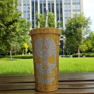 การออกแบบใหม่Bling Rhinestoneคริสตัลโครงกระดูกผีหน้าแก้วRhinestone Tumblerพร้อมฟางRhinestoneถ้วย - Product Image 6