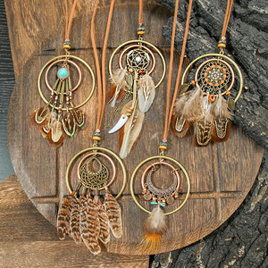 Colliers à pendentif plume en alliage de cuivre et pierre turquoise, style bohème ethnique, collier long unisexe - Product Image 1