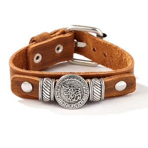 Wolf Head Genuine <b>Leather</b> <b>Bracelet</b> Brown Men's Fashion Jewelry Tibetan Silver Animal Charm <b>Bracelet</b> - Product Image 5