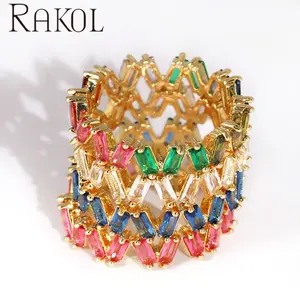 RAKOL R001 High Quality Colorful Pink Green Purple Baguette Cz Jewelry 18k Gold Plated Stainless Steel Pave Cubic Zirconia Rings