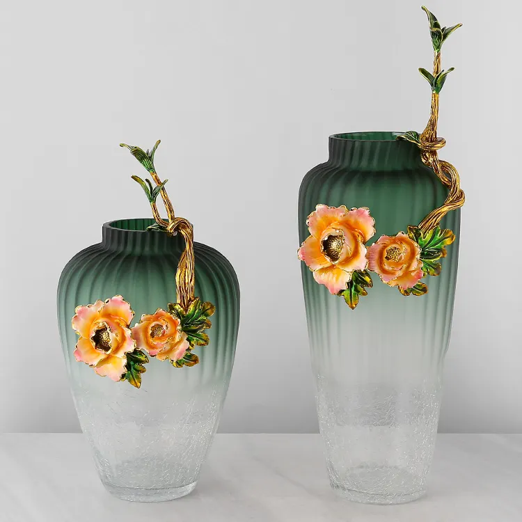 Luxury Antique Chinese Farmhouse Enamel Flower Pot Crack Green Glass Rustic Vases for Home Decor